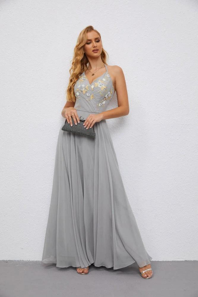 Numbersea Ladies Halter Backless Ruffle V Neck Embroidery and Floor Length Bridesmaid Evening Dress Wedding 28079 by numbersea