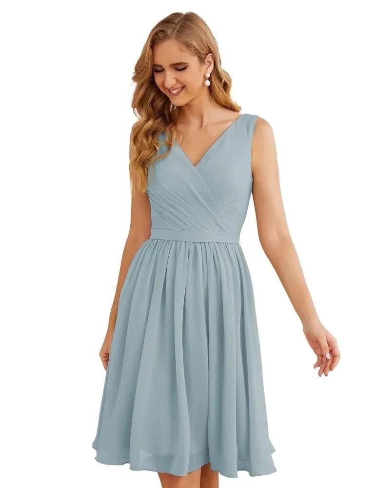 Numbersea V-Neck Bridesmaid Dresses Chiffon Short Knee Length Formal Prom Gowns for Women Party Homecoming SEA28062 by numbersea