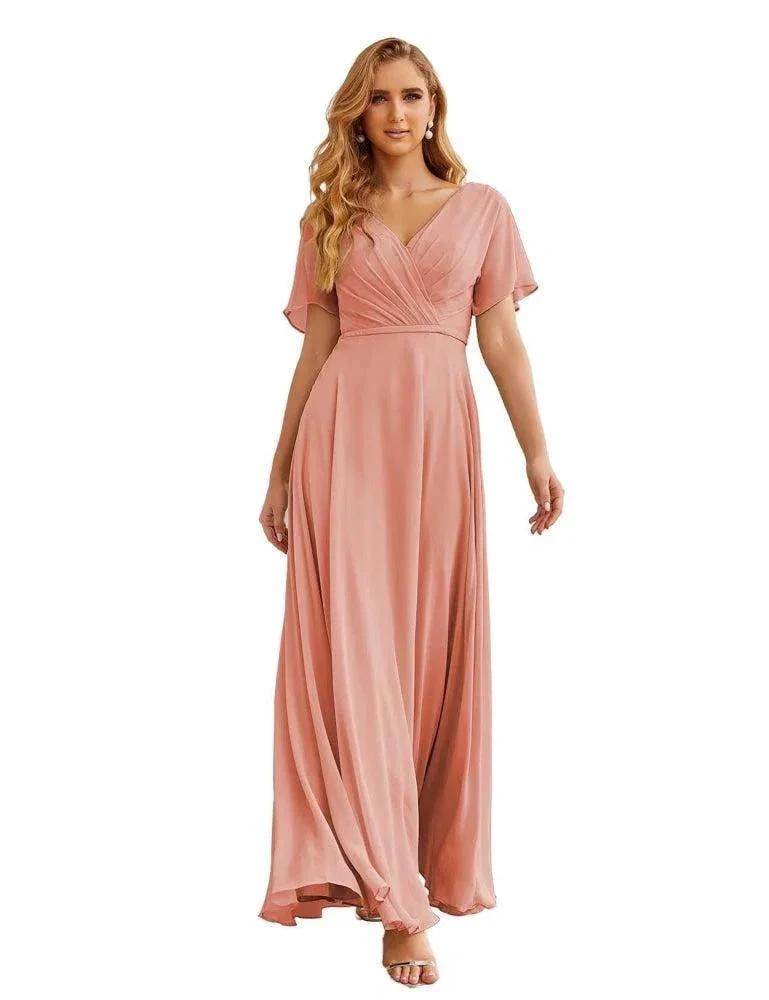 Numbersea Wrap V-Neck Chiffon Bridesmaid Dresses Long Formal Maxi Evening Gown for Wedding Guests SEA28049 by numbersea