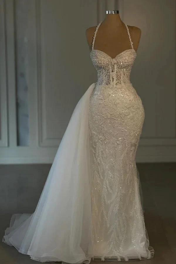 Obsessing Long Ivory Mermaid Halter Lace Beading Sleeveless Wedding Dress (ZD15522)