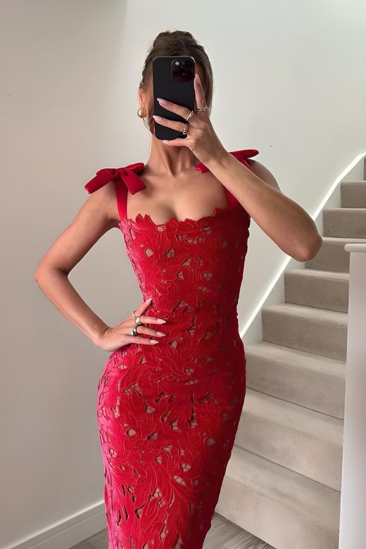 Odette Bodycon Lace Maxi Dress - Lipstick Red