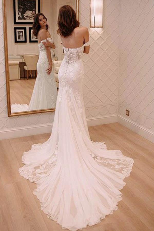 Off Shoulder Court Train Chiffon Wedding Dress with Lace Appliques (ZD16351)