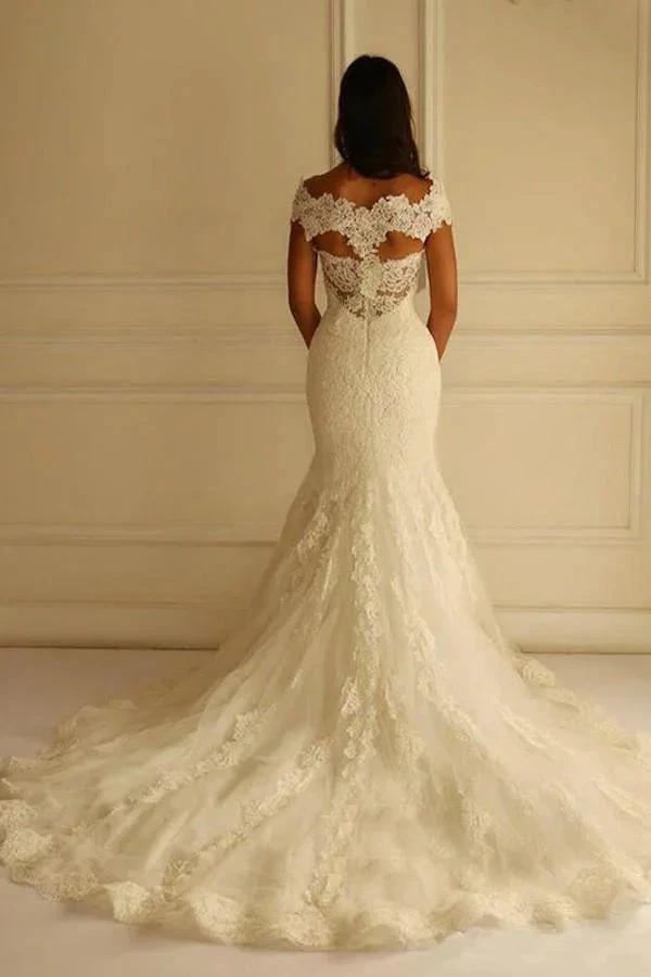 Off Shoulder Court Train Short Sleeves Mermaid Lace Wedding Dress (ZD16054) - View 2 | VelvetHem