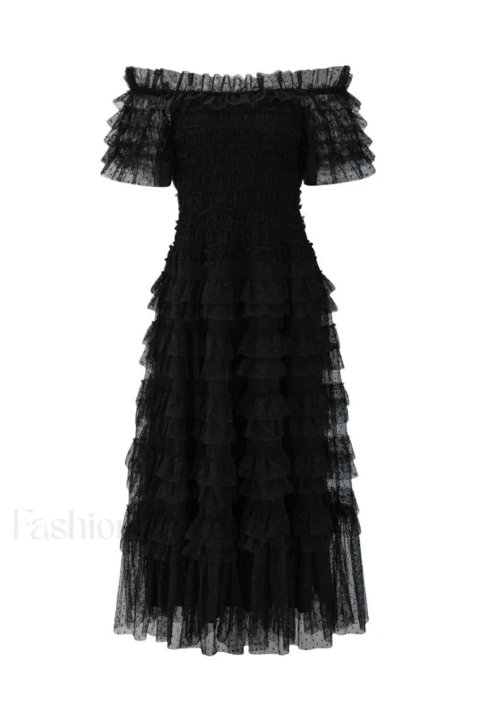 Off Shoulder Dotted Charming Tulle Maxi Dress