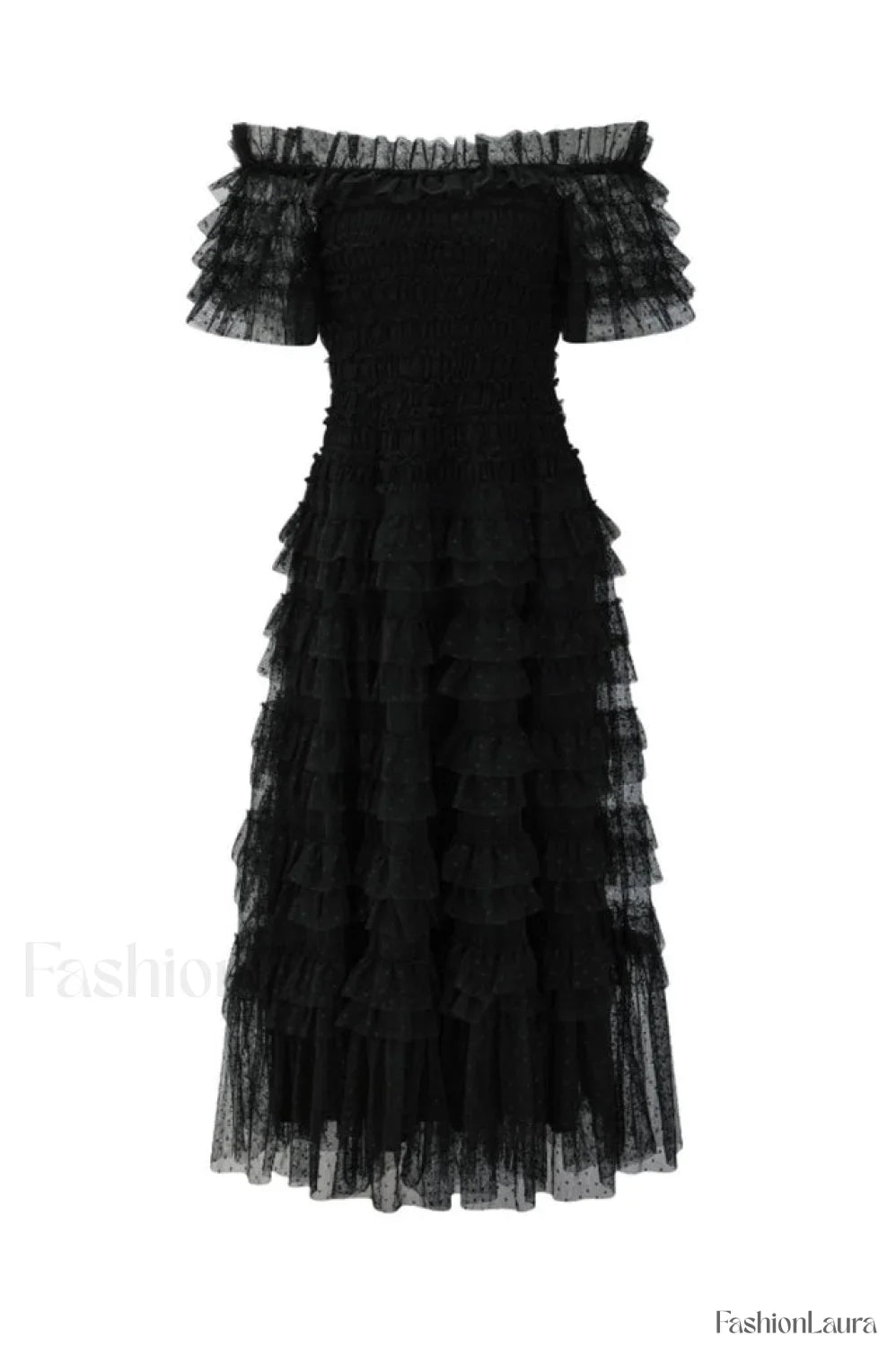 Off Shoulder Dotted Charming Tulle Maxi Dress