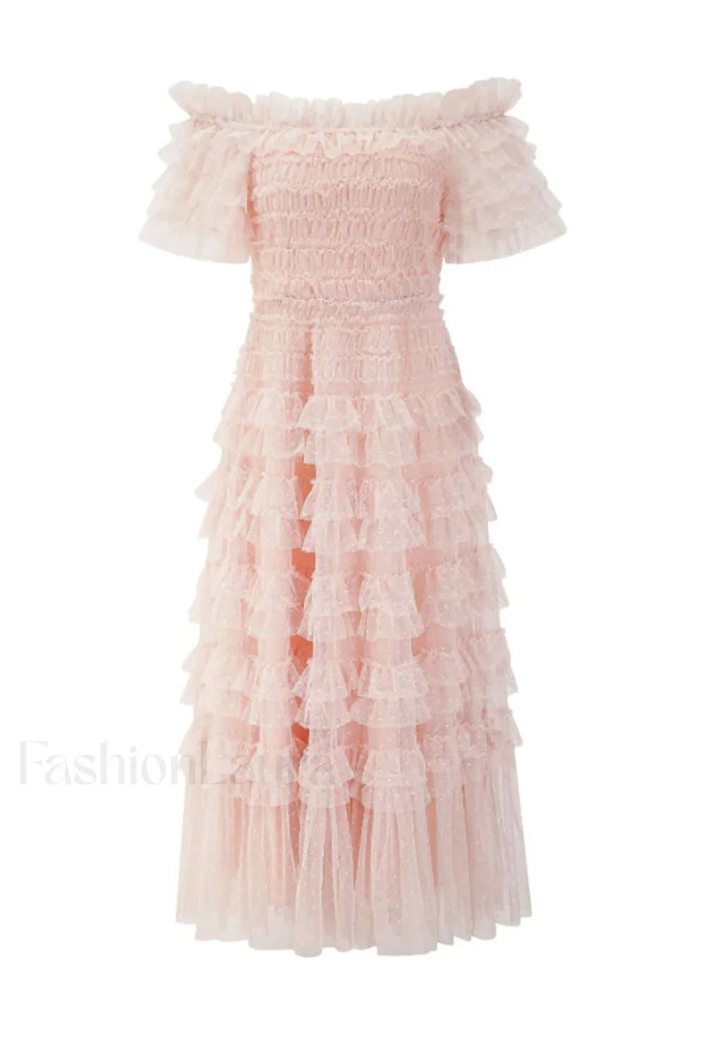 Off Shoulder Dotted Charming Tulle Maxi Dress