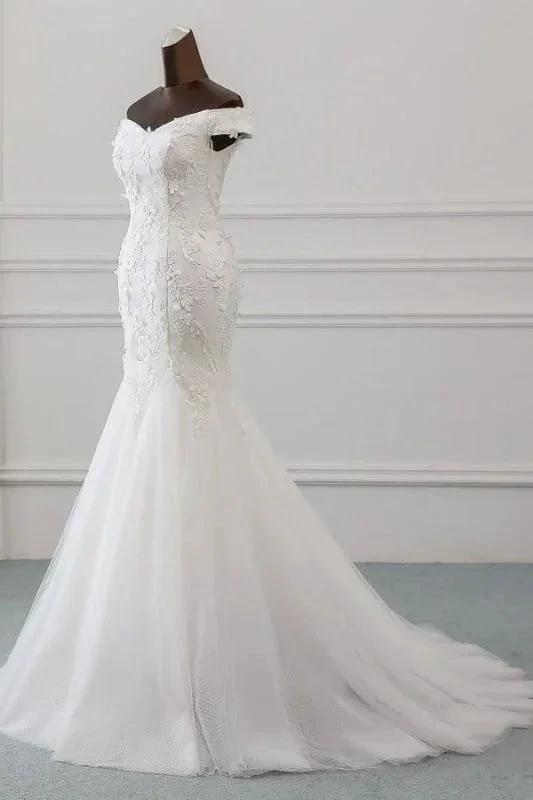 Off Shoulder Lace-up Applique Pretty Mermaid Elegant Wedding Dresses (ZD14718)