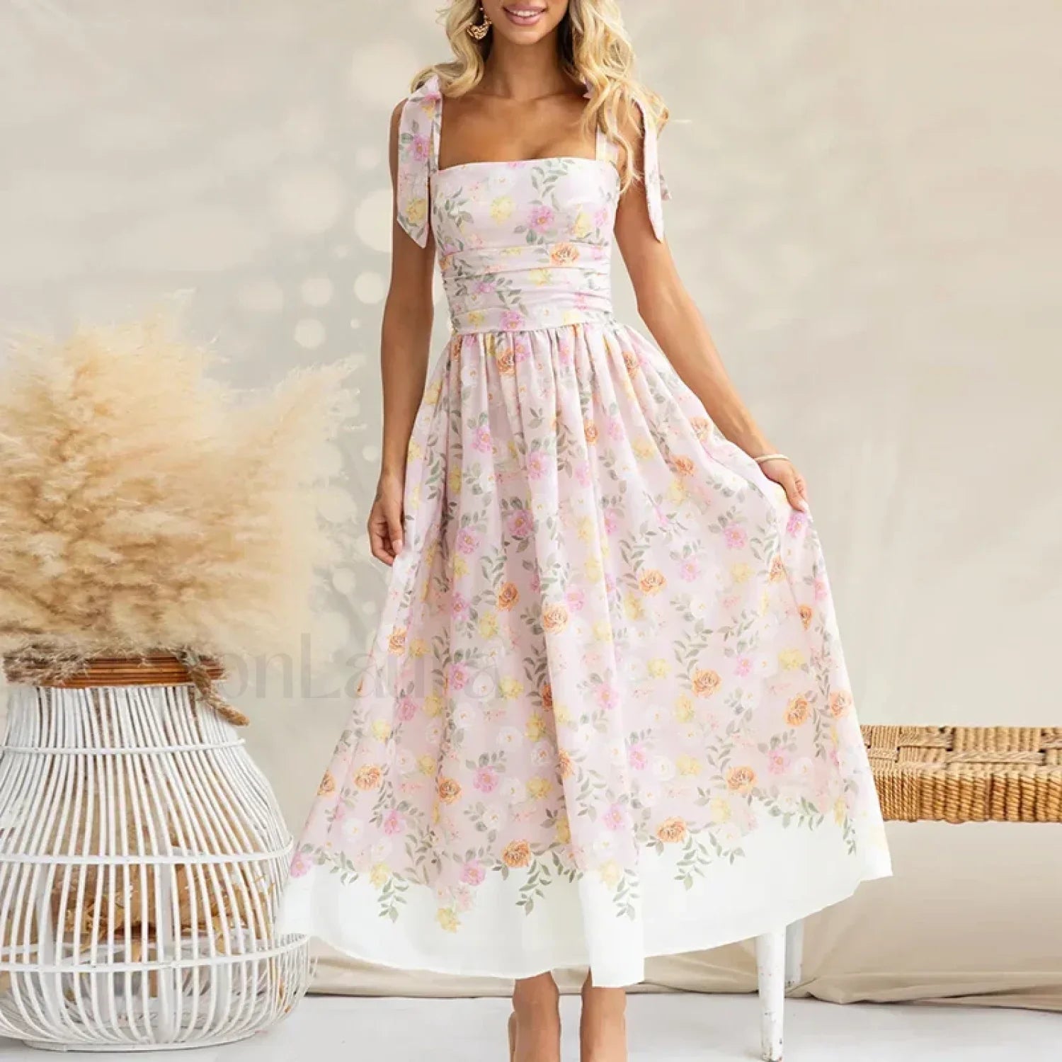 Off Shoulder Pleated Floral Dress 02 Pink / S