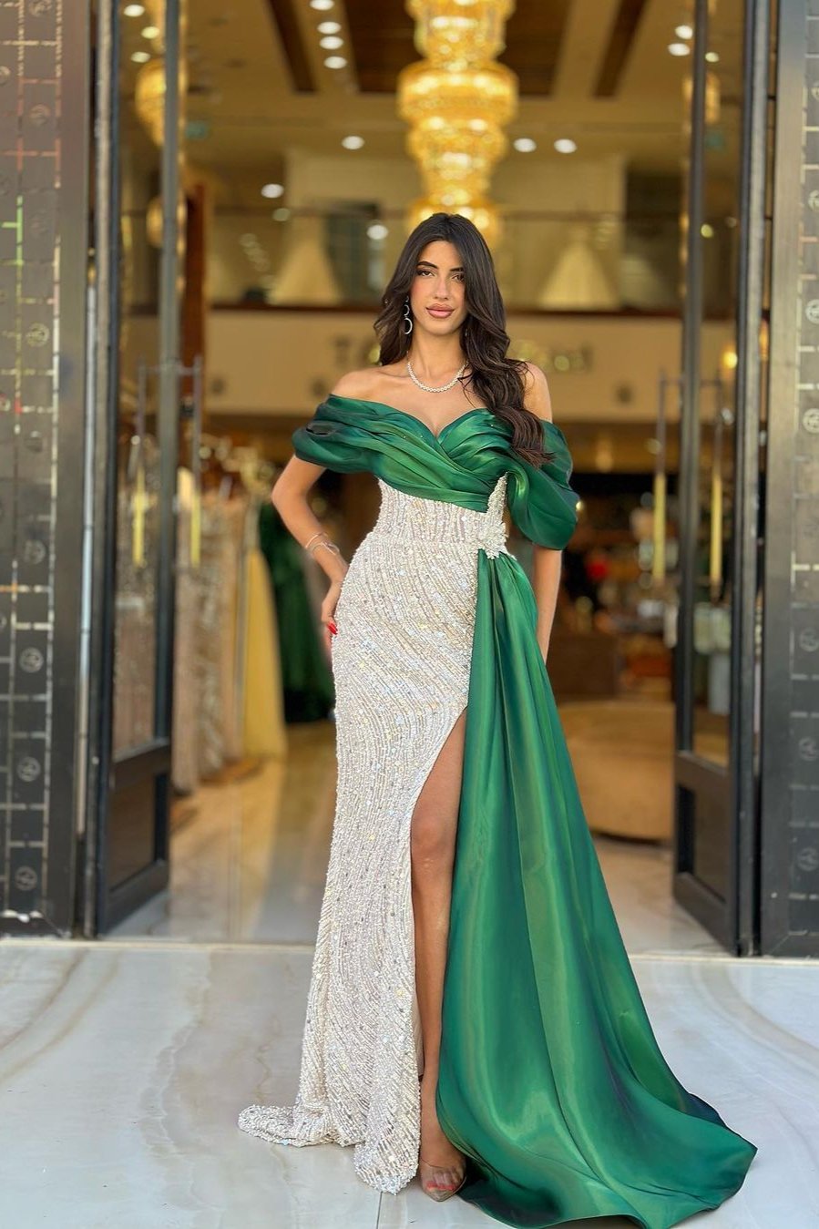 Off-Shoulder Prom Gown with Sparkling Sequins and Daring Slit