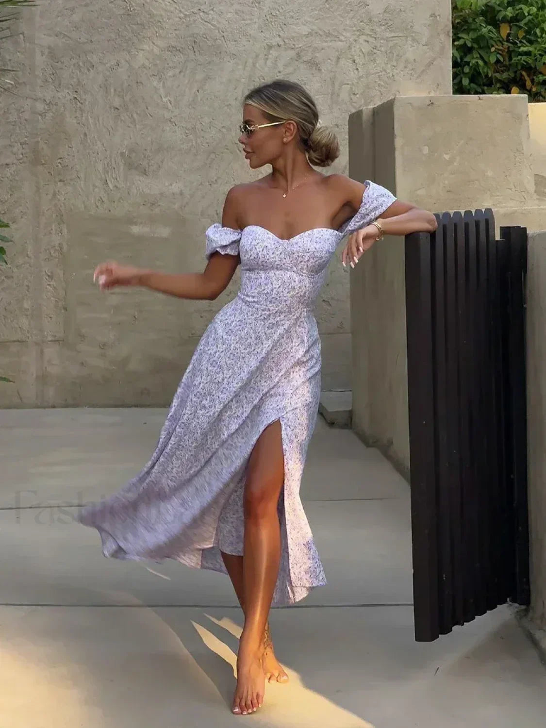 Off Shoulder Slit Floral Dress Purple / S