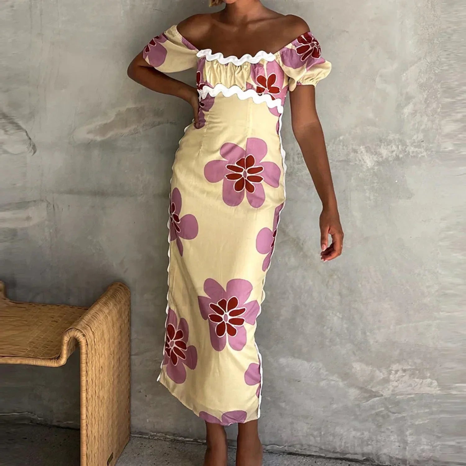 Off Shoulder Split Dress with Relaxed Everyday Styling Boutique Fashion Style