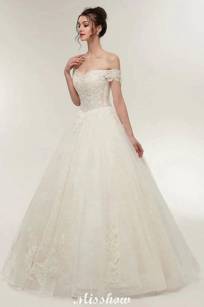 Off-shoulder Sweetheart A-line Lace-up Floor Length Lace Appliques Wedding Dresses (ZD13952)