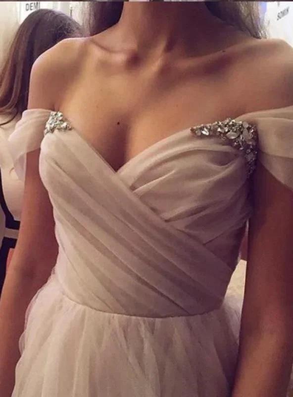 Off Shoulder Tulle Sleeves Blush Wedding Dress Colorful Bridal Dress (ZD15373)
