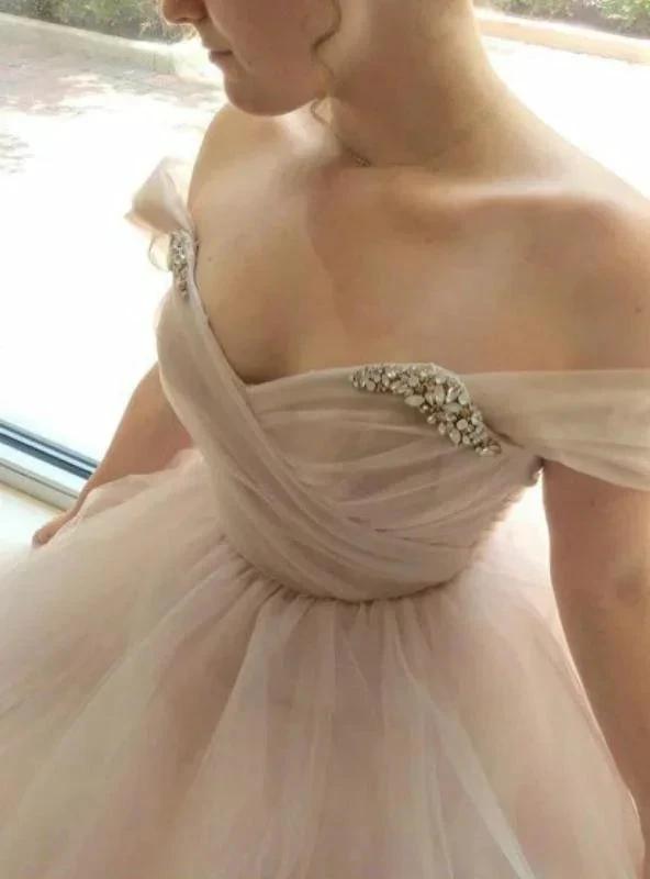 Off Shoulder Tulle Sleeves Blush Wedding Dress Colorful Bridal Dress (ZD15373)
