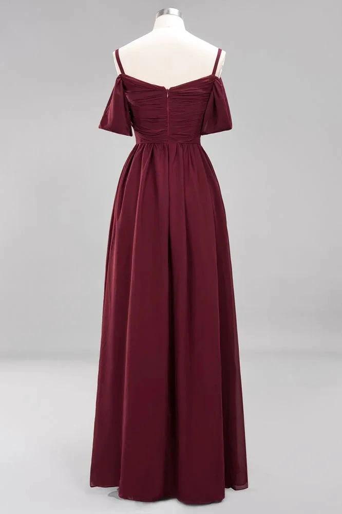 Off-the-Shoulder A-line Chiffon Bridesmaid Dress Floor-Length Wedding Guest Dress (ZD13091)