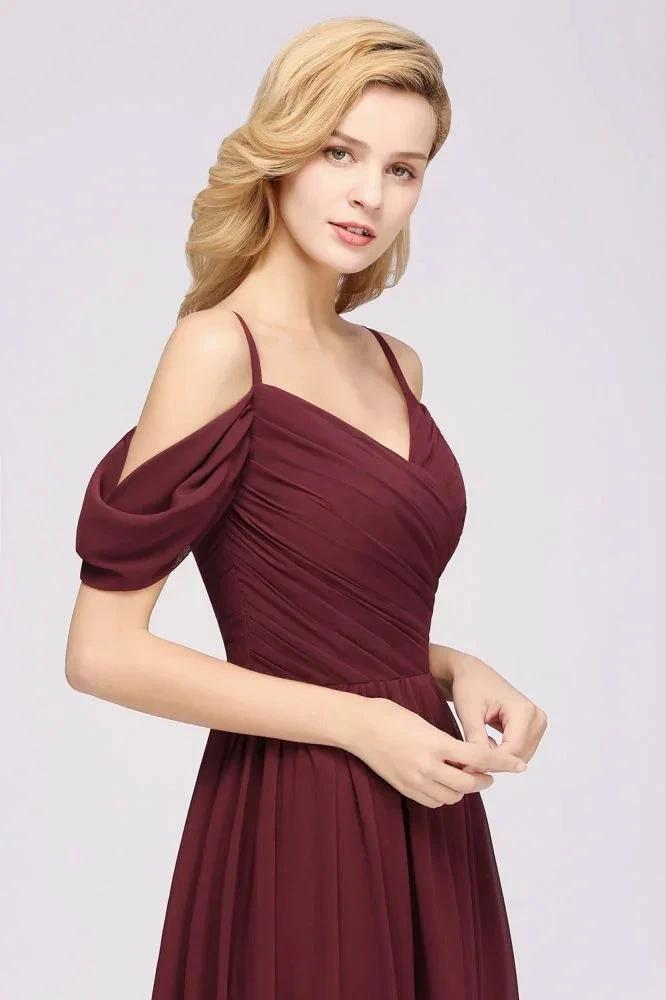 Off-the-Shoulder A-line Chiffon Bridesmaid Dress Floor-Length Wedding Guest Dress (ZD13091)