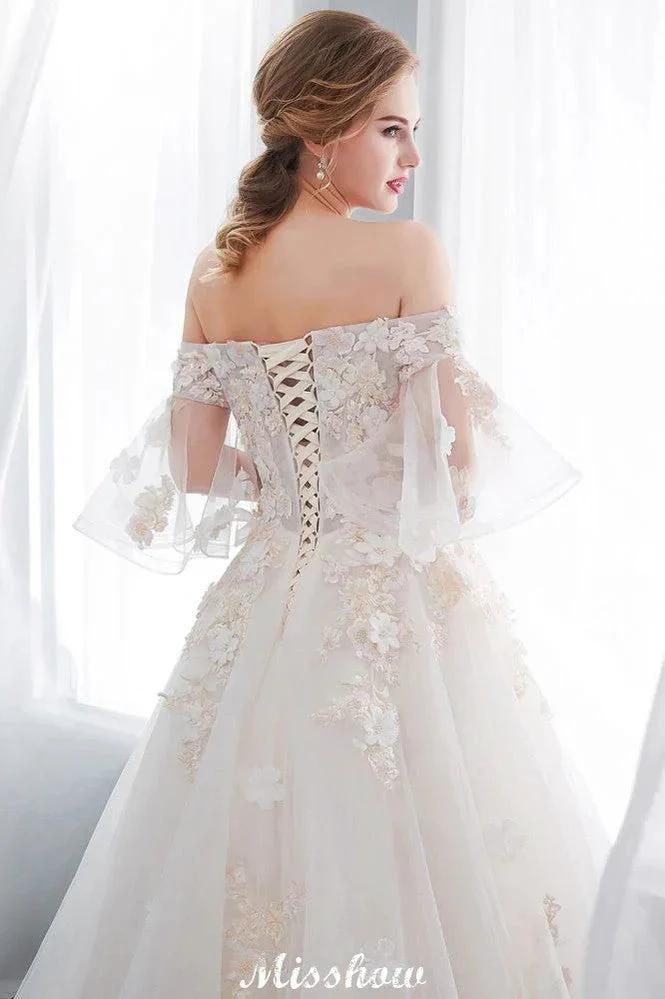 Off-the-shoulder Aline Ball Gown Floor Length Appliques Tulle Wedding Dress (ZD13959)