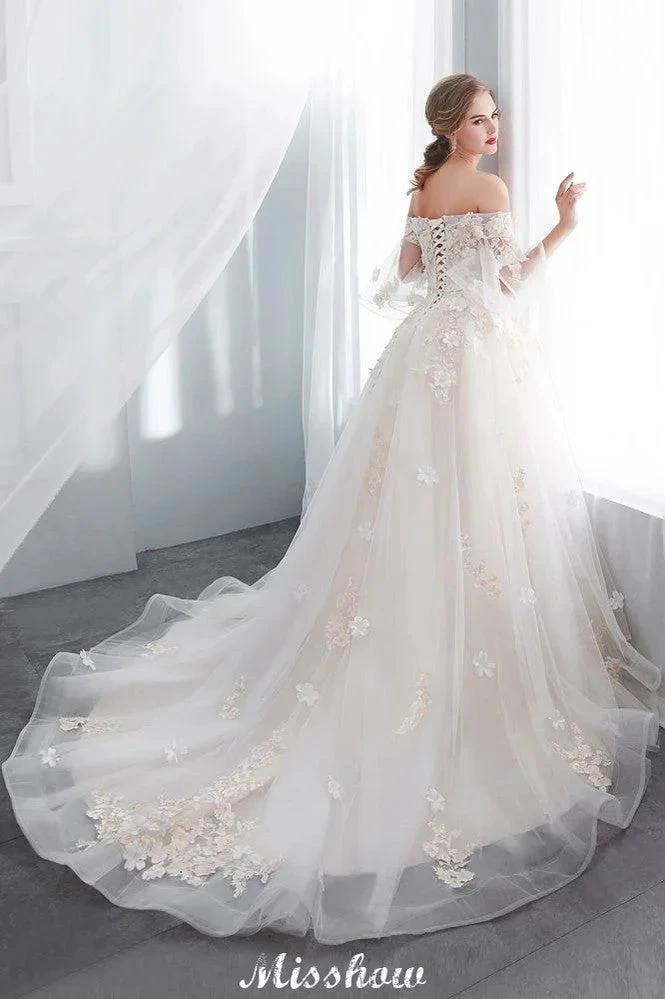 Off-the-shoulder Aline Ball Gown Floor Length Appliques Tulle Wedding Dress (ZD13959)