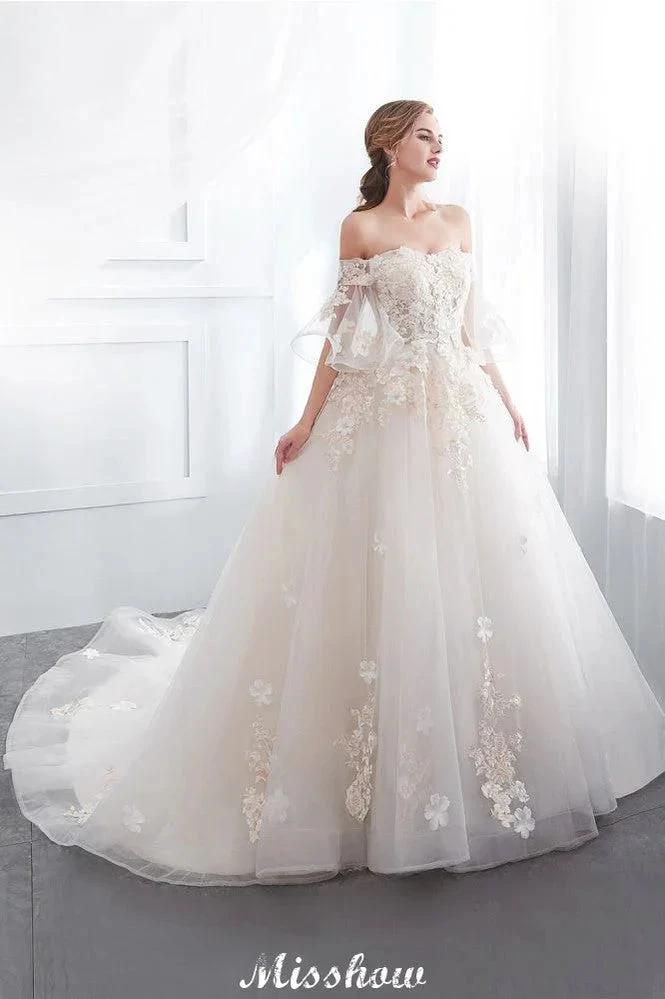 Off-the-shoulder Aline Ball Gown Floor Length Appliques Tulle Wedding Dress (ZD13959)