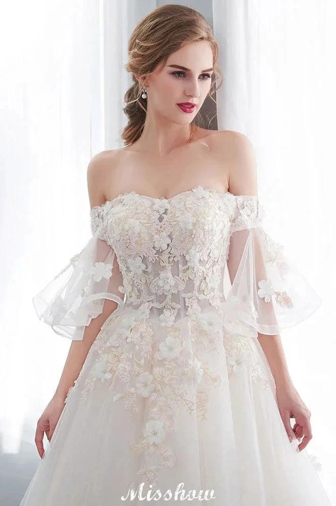 Off-the-shoulder Aline Ball Gown Floor Length Appliques Tulle Wedding Dress (ZD13959)