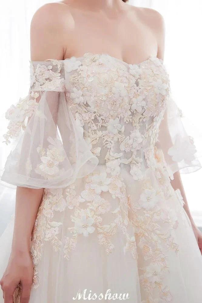 Off-the-shoulder Aline Ball Gown Floor Length Appliques Tulle Wedding Dress (ZD13959)