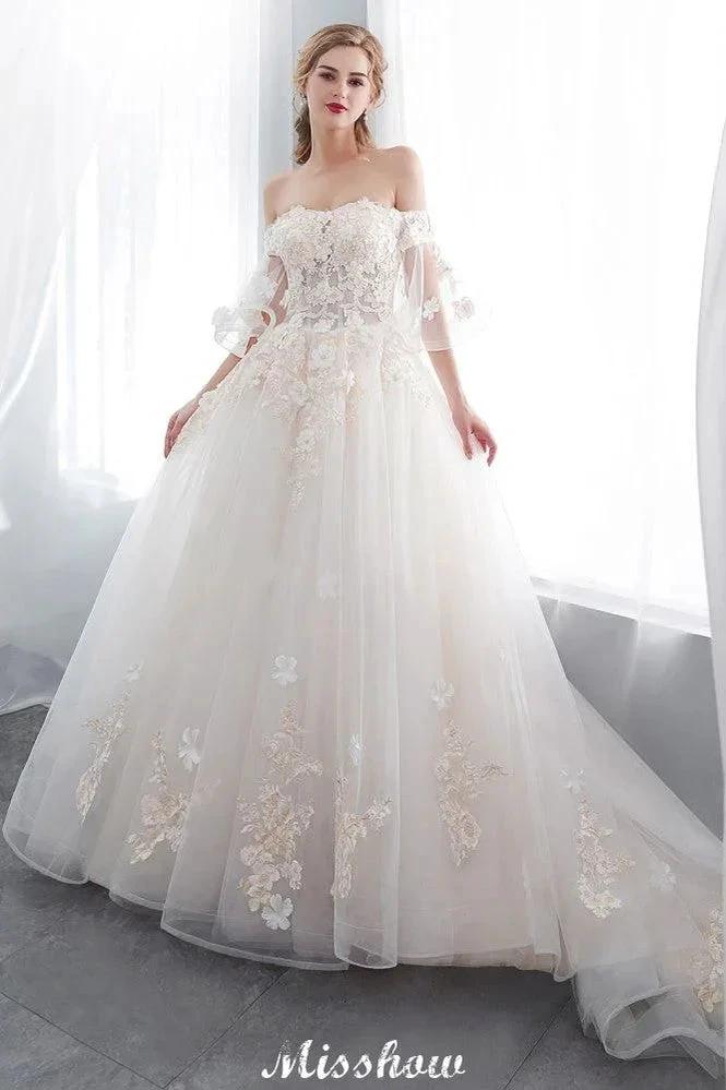 Off-the-shoulder Aline Ball Gown Floor Length Appliques Tulle Wedding Dress by misshow.com