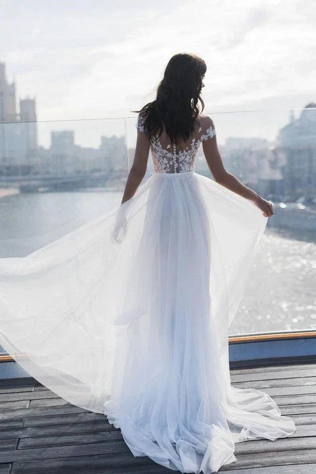 Off The Shoulder Appliques A-line Wedding Dresses | Side Split Tulle Bridal Gowns (ZD16438)