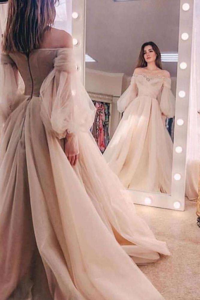 Off the shoulder Beads puff sleeve Tulle Ball Gown Evening Dress