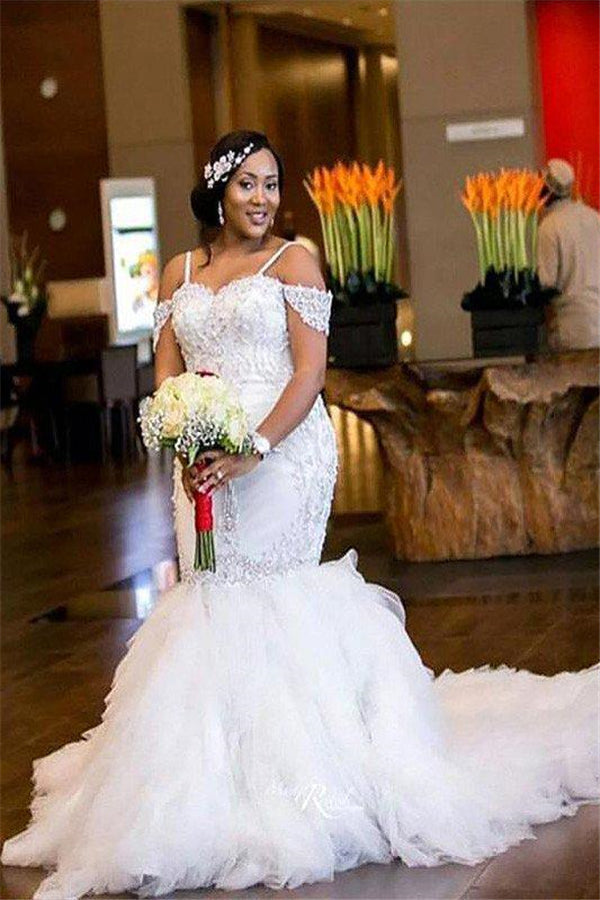 Off-the-Shoulder Court Train Tulle Mermaid Sleeveless Beading Wedding Dresses