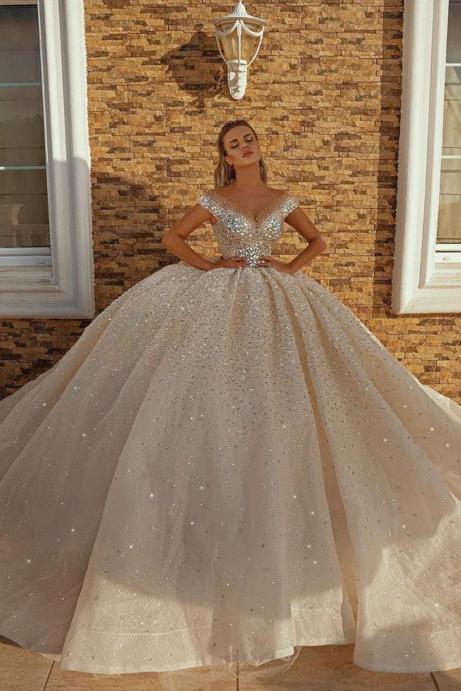 Off-the-Shoulder Crystal Princess Ball Gown Sequins Bridal Gowns