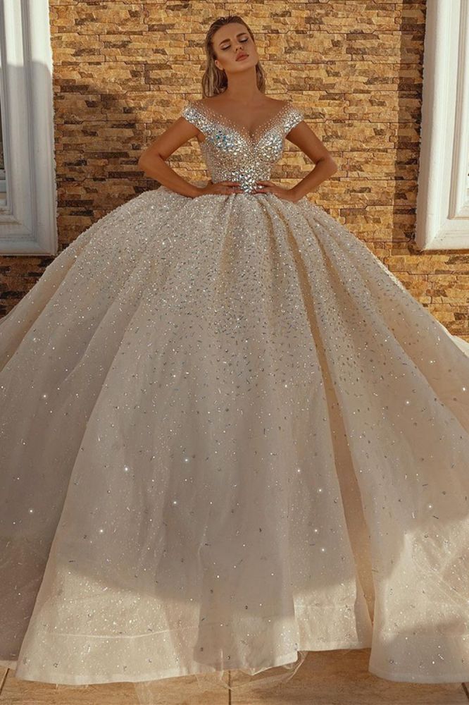 Off-the-Shoulder Crystal Princess Ball Gown Sequins Bridal Gowns