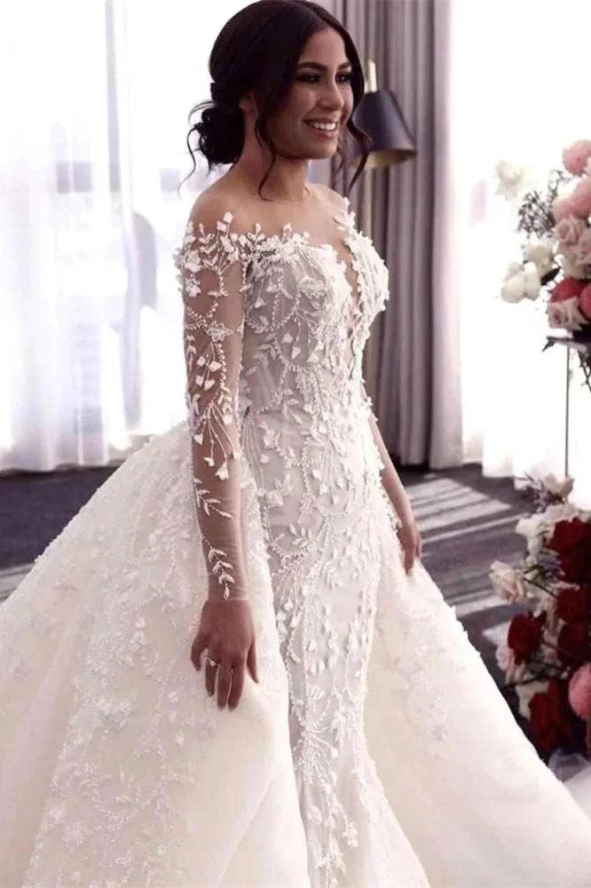 Off-the-Shoulder Deep V-Neck Wedding Dress with Overskirt (ZD16595)