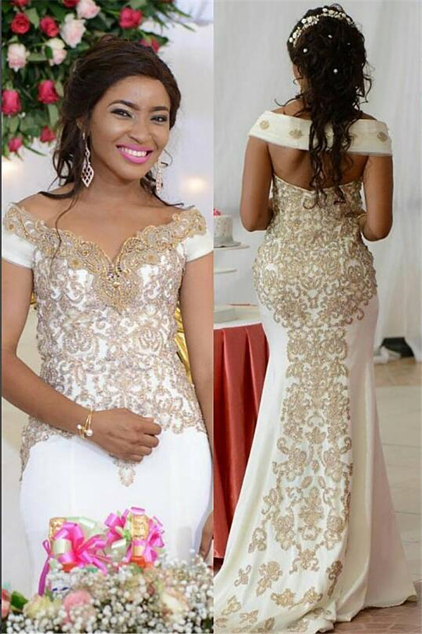 Off-the-Shoulder Golden Lace appliques Backless Wedding Dress