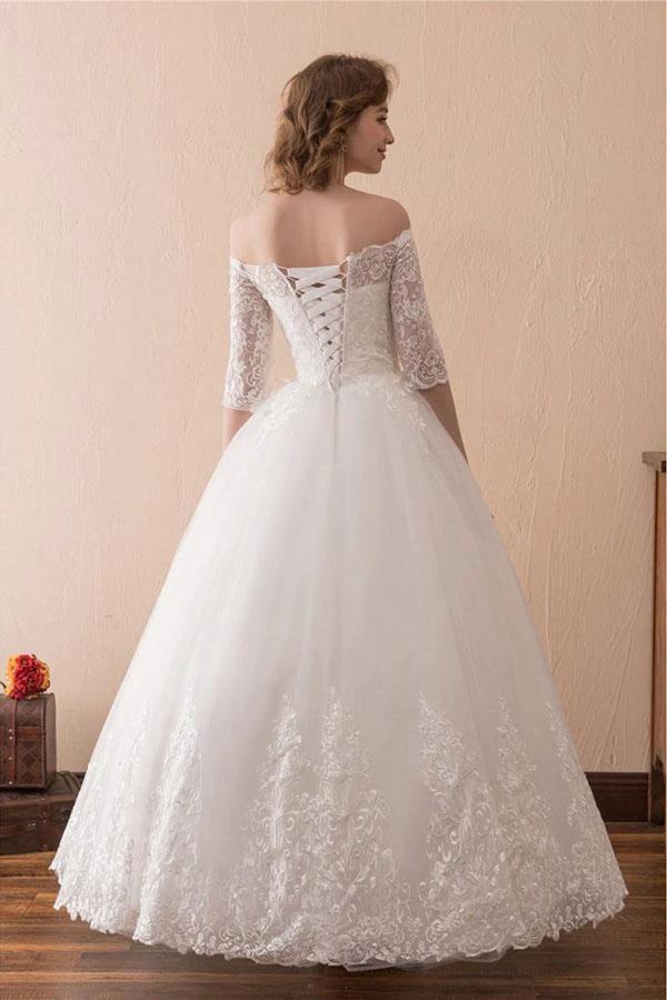 Off The Shoulder Lace Ball Gown Wedding Dress With 1/2 Sleeves (ZD15443)