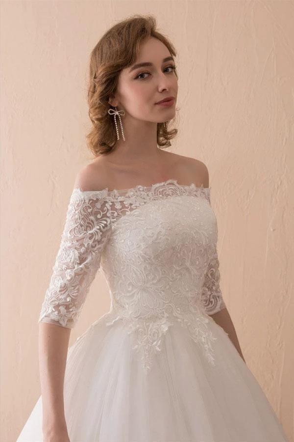 Off The Shoulder Lace Ball Gown Wedding Dress With 1/2 Sleeves (ZD15443) - View 3 | VelvetHem