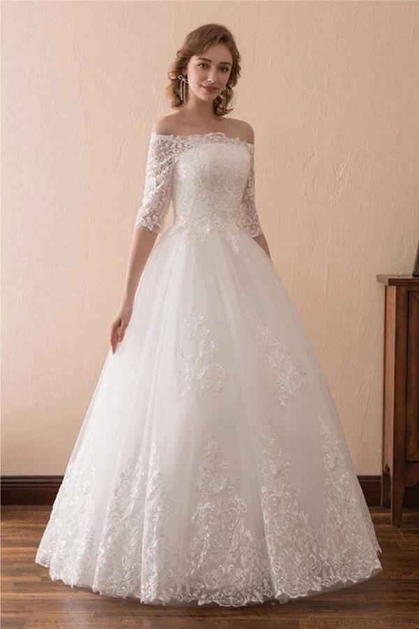 Off The Shoulder Lace Ball Gown Wedding Dress With 1/2 Sleeves (ZD15443) - VelvetHem