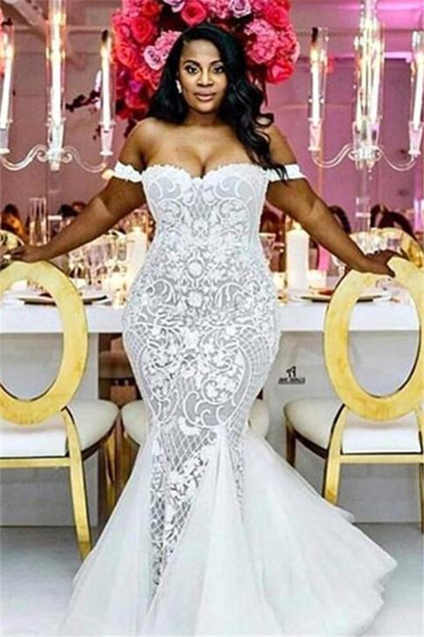 Off-the-Shoulder Lace Mermaid Plus Size Wedding Dresses