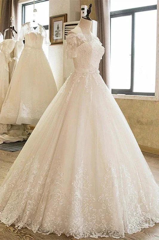 Off-the-Shoulder Lace Tulle 1/2 Sleeves Wedding Dress (ZD13888)