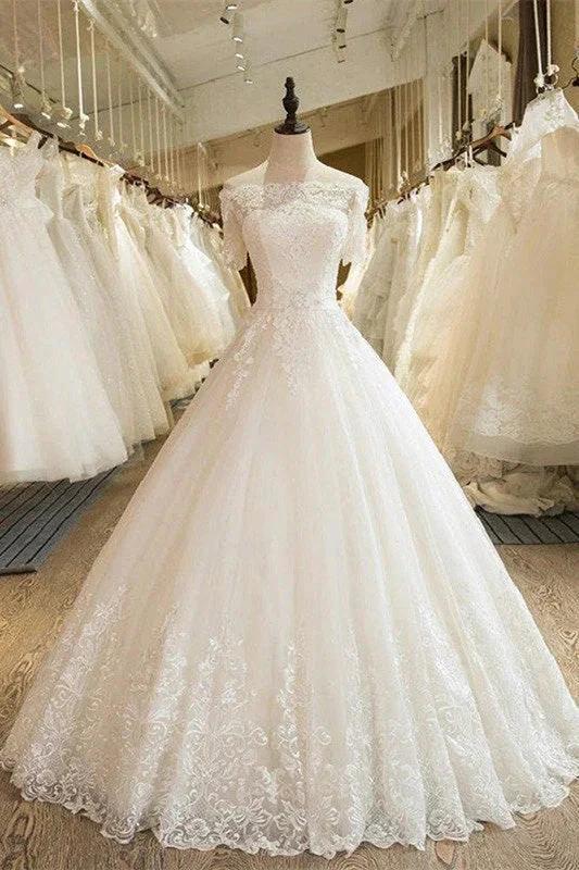 Off-the-Shoulder Lace Tulle 1/2 Sleeves Wedding Dress (ZD13888)