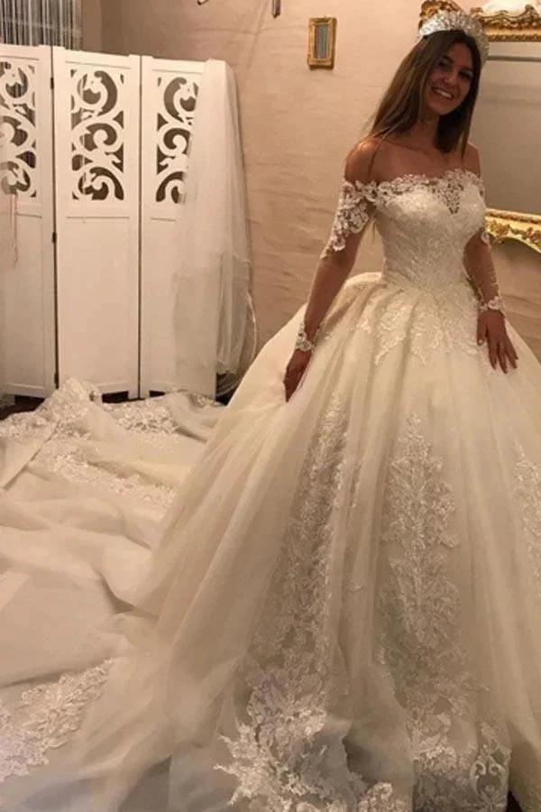 Off The Shoulder Long Sleeves Appliques Ball Gown Wedding Dress (ZD15442) - VelvetHem