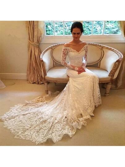Off the Shoulder Long Sleeves Lace Wedding Dress Bridal Gown (ZD16053) - View 2 | VelvetHem