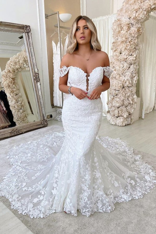 Off-the-Shoulder Mermaid Appliques Wedding Dresses Lace Backless Bridal Gowns