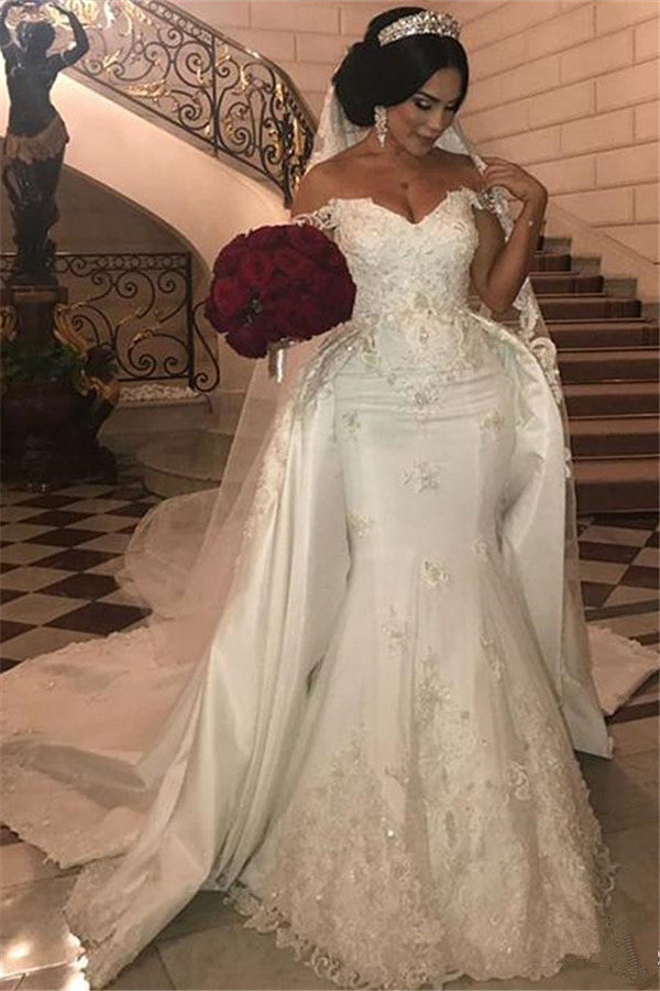 Off-the-Shoulder Mermaid Wedding Dress Overskirt Lace Bridal Gown (ZD17525)
