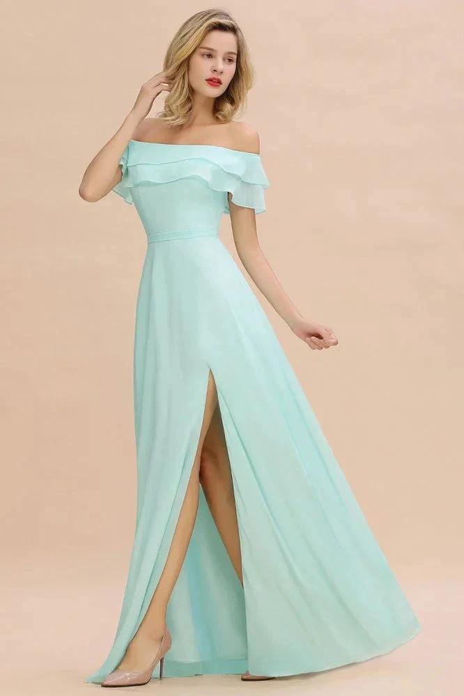 Off the Shoulder Mini-Green Front Slit Bridesmaid Dress Aline Beach Wedding Dress (ZD12961)