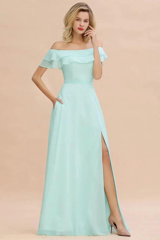Off the Shoulder Mini-Green Front Slit Bridesmaid Dress Aline Beach Wedding Dress by misshow.com
