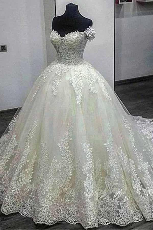 Off-the-shoulder Neckline Ball Gown Wedding Dress With Lace Appliques (ZD15409) - View 2 | VelvetHem
