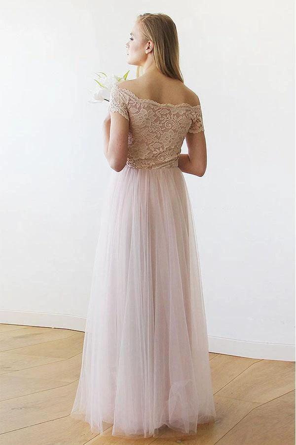 Off the Shoulder Pink Lace and Tulle Long Wedding Dress (ZD15441)