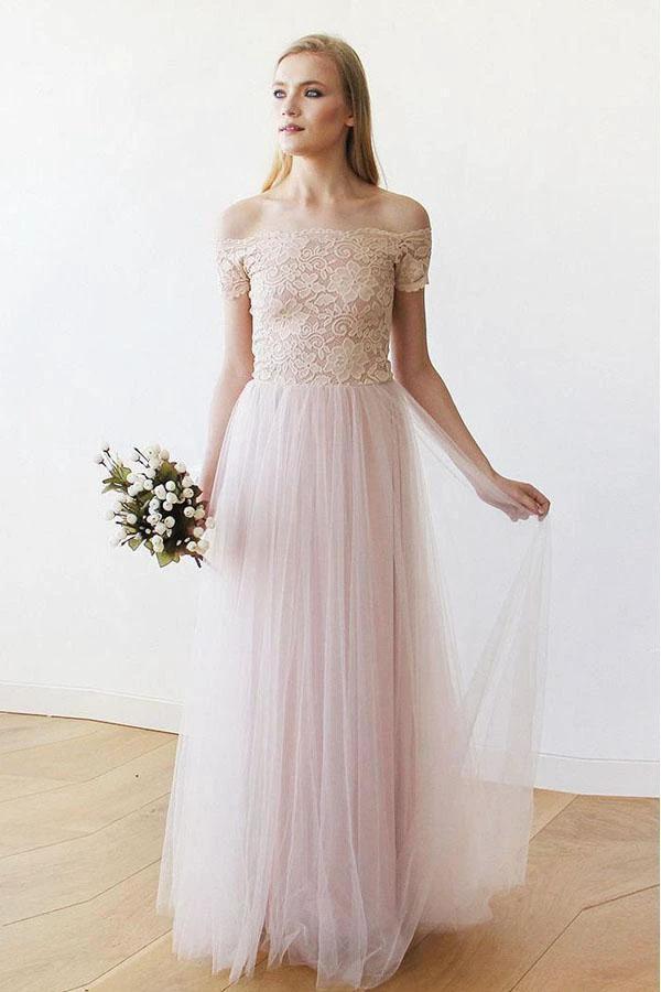 Off the Shoulder Pink Lace and Tulle Long Wedding Dress (ZD15441)