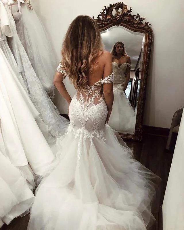 Off the Shoulder Pretty Mermaid Lace Long Tulle Elegant Wedding Dresses (ZD14733)
