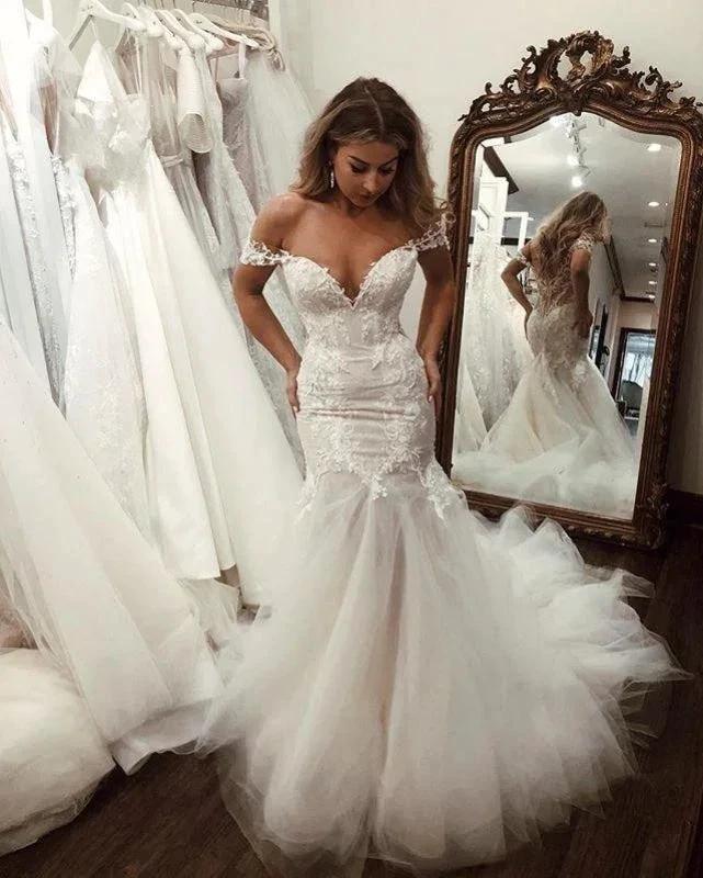 Off the Shoulder Pretty Mermaid Lace Long Tulle Elegant Wedding Dresses (ZD14733) - View 6 | VelvetHem